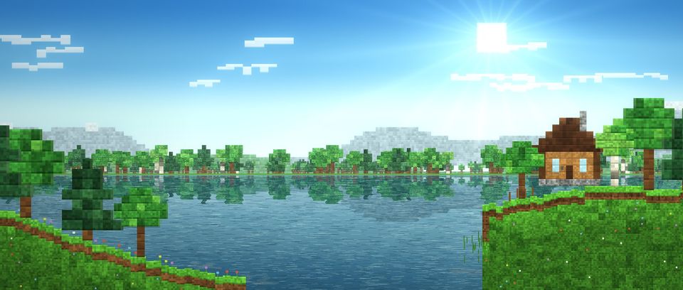 MZForge's daytime world artwork: a pixel-art lake and forest