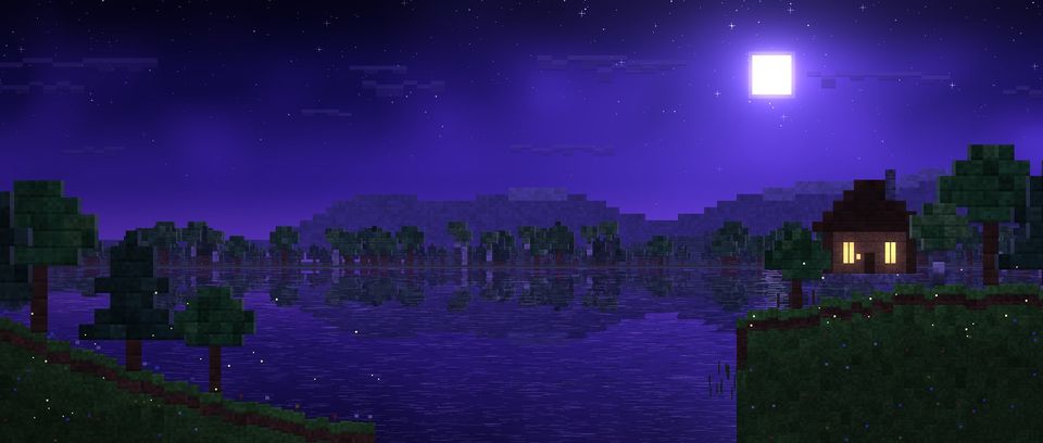 MZForge's night-time world artwork: a moonlit pixel-art lake with a cabin